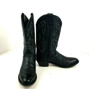 Old West Black Leather Cowboy Mid Calf Boots